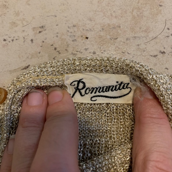 Vintage 70s Romanita Gold Lurex Textured Knit Sweater - Back Buttons Size Small - Picture 2 of 5